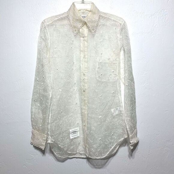 Thom Browne Dog & Floral Silk Button Up White Long Sleeve Blouse Top sz Small - Picture 1 of 10